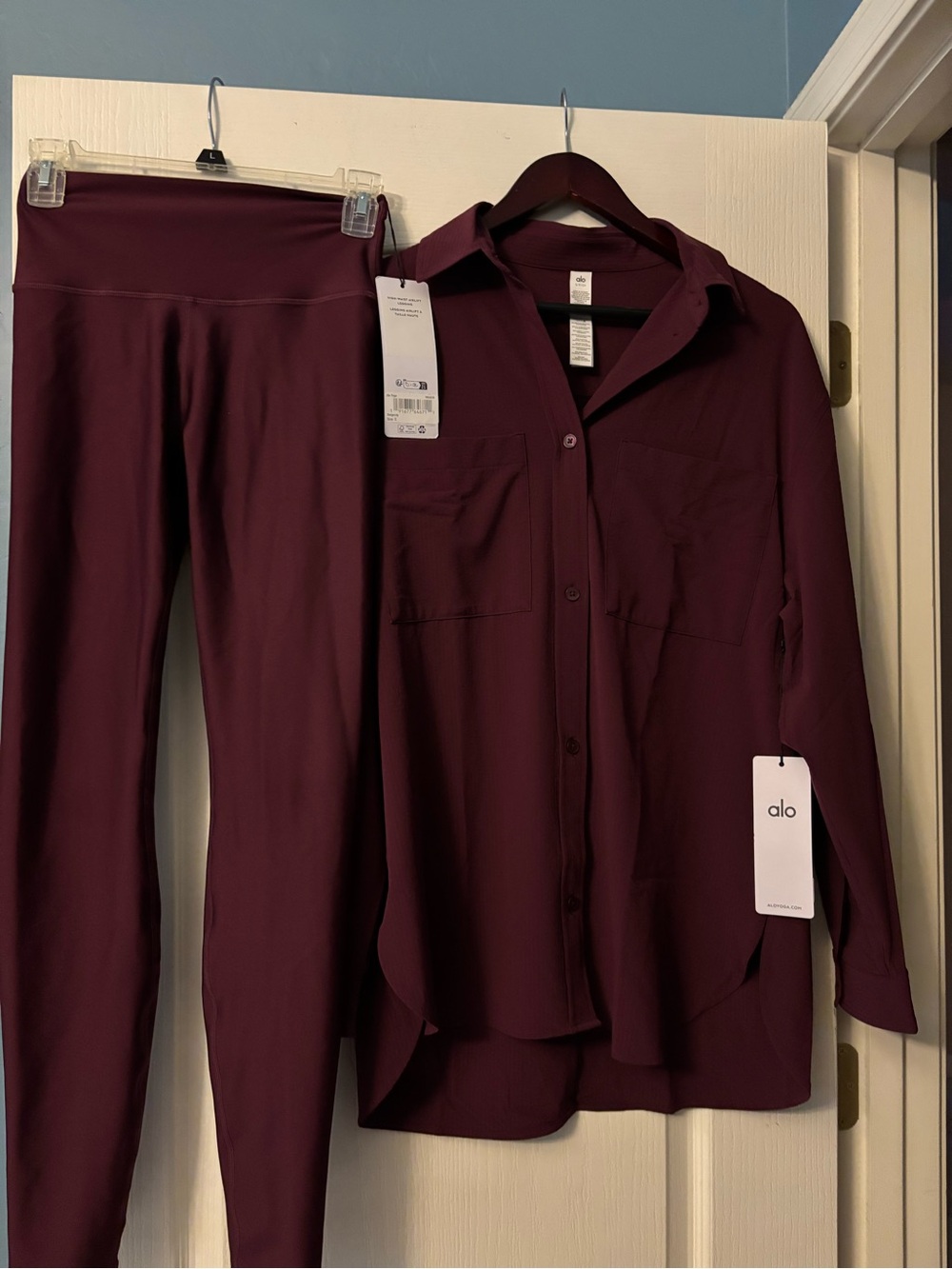 ALO Yoga Deep Wine Button-Up Top and high waist airlift leggings. - Picture 5 of 14